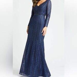 Mac Duggal Navy Beaded Long Sleeve Embroidered Gown 20271